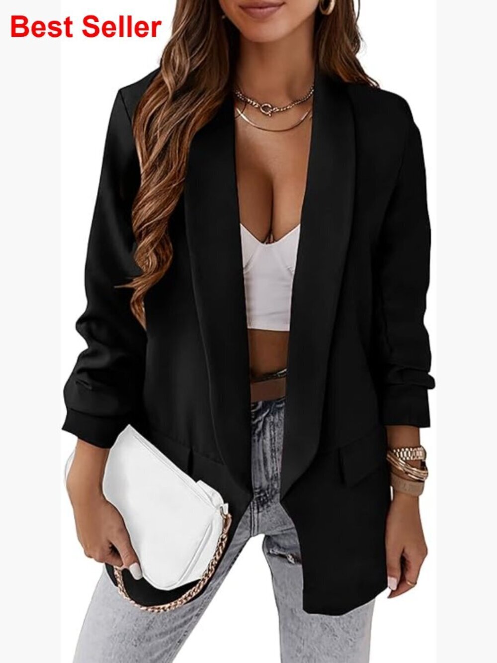 Oversized Open Front Blazer Lightweight Polyester Business Casual